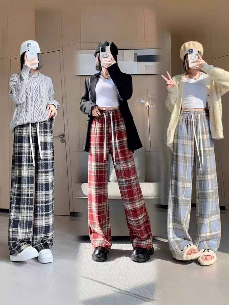 Autumn and Winter New Maillard fleece-lined Retro Lazy Woolen Plaid Pants Women's Slimming High Waist Narrow Casual Wide Leg Pants