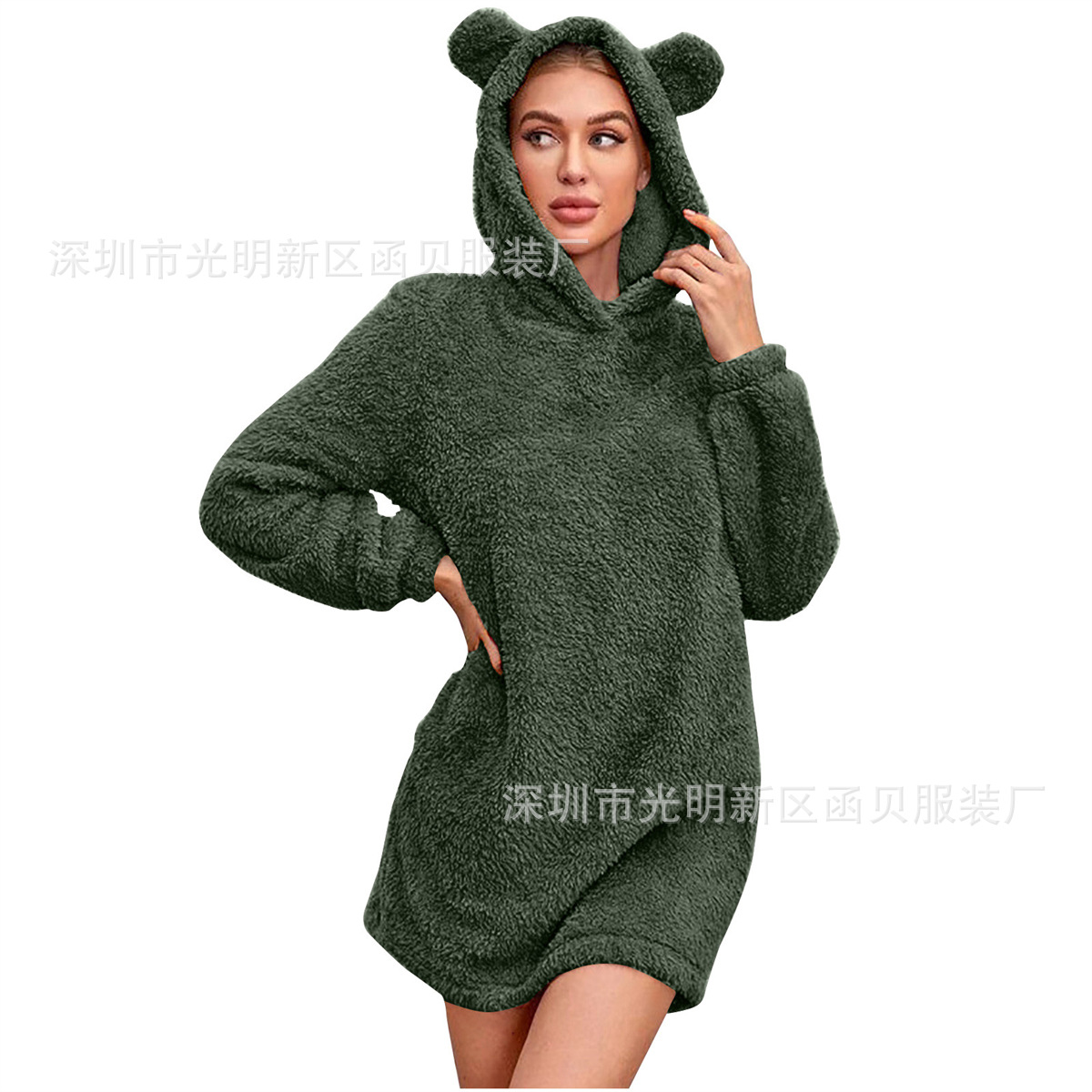 Picture of European and American Cross-border Amazon 2024 Autumn and Winter New Ear Hooded Loose Plush Long Sleeve Women's Wei Skirt Coat