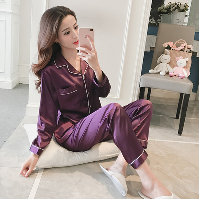 Simulated Silk Pajamas for Women, Autumn Long-Sleeved Ice Silk Two-Piece Set, Korean Style Casual Cardigan, Silk Pajamas That Can Be Worn as Home Clothes