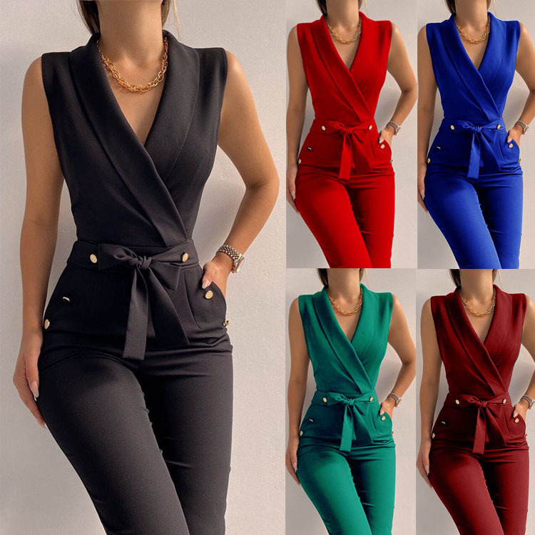 European and American Spring and Summer Women's Clothing Amazon Twist Button V Neck Sleeveless Slim Jumpsuit Professional Wear Cross-Border Supply