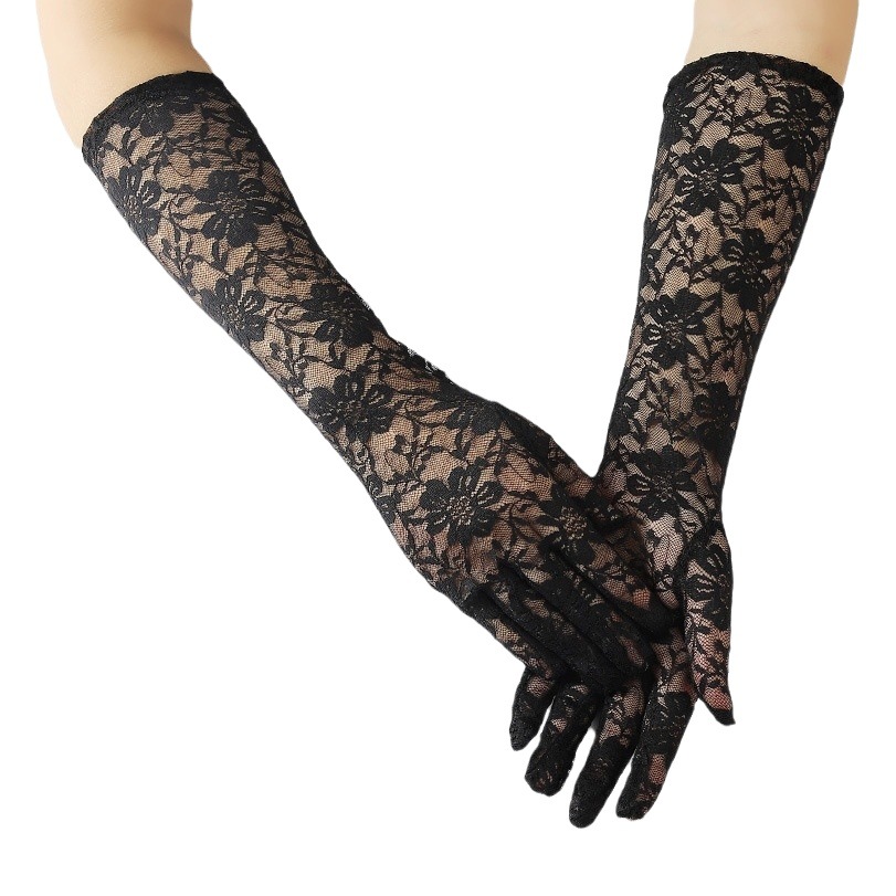 Women's sexy lace flower gloves nightclub performance disco long mesh gauze gloves cos finger breathable summer gloves
