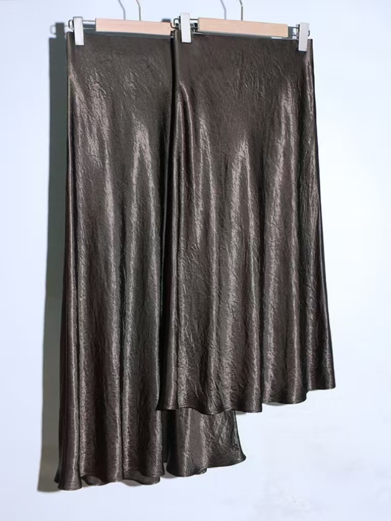 Mocha Brown 100% Pleated Triacetate Textured Midi Skirt Fishtail Long Skirt A-Line Skirt with Bias-Cut Craftsmanship