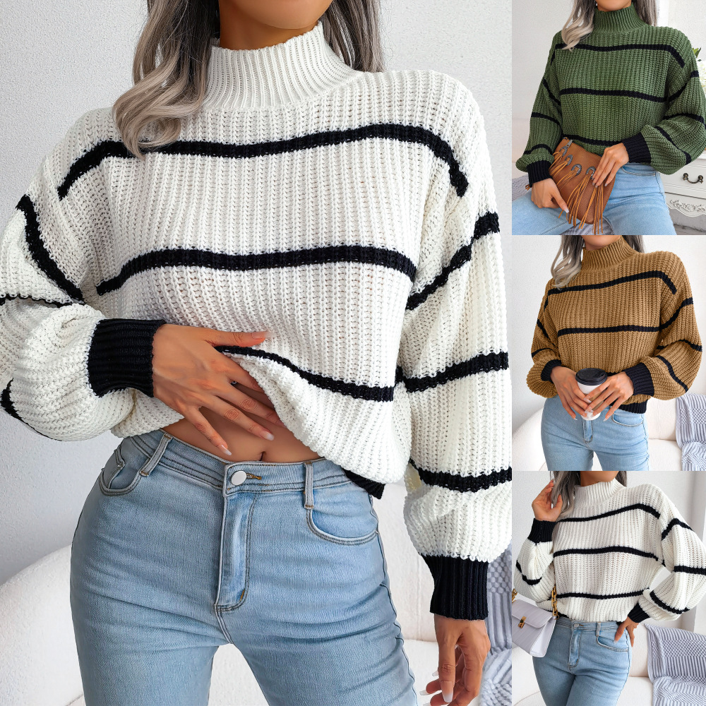 Picture of Real Shot of 2025 Autumn and Winter European and American Casual Stripesd Lantern Sleeve Half Turtleneck Knitted Sweater Amazon Cross-Border Women's Clothing