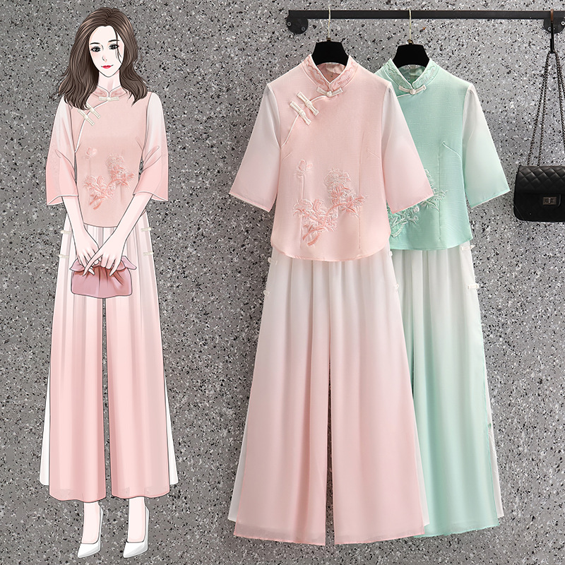 Picture of Vintage Chinese Top Set Large Size Chinese Style Seven-point Sleeve Cheongsam Peony Embroidered Gradient Pants Two-piece Set