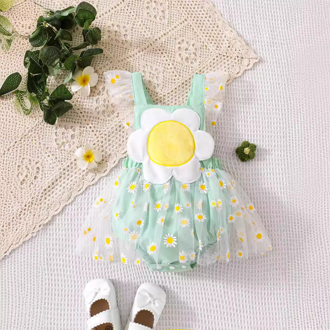 Children's Day Gift Kidsren's Clothing Girls Summer Baby Daisy Embroider Mesh Sling Romper Kidsren's Jumpsuit