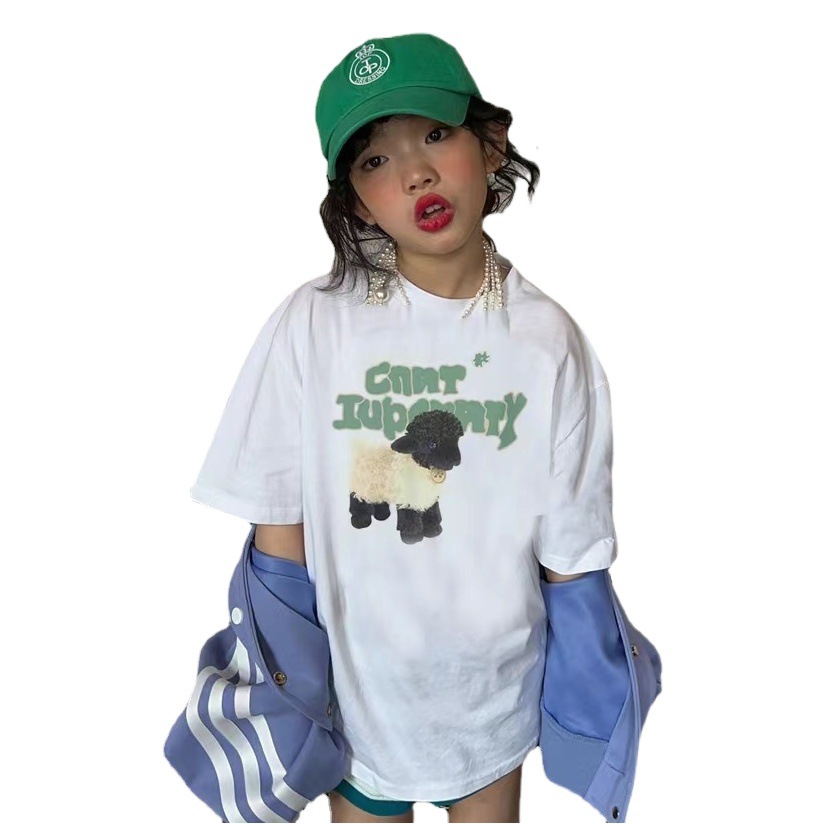 Korean Children's Wear Boys and Girls Pure Cotton T-shirt 2023 Summer New Korean Style Girl's BF Style Mid-length Short-sleeve Dress Trendy