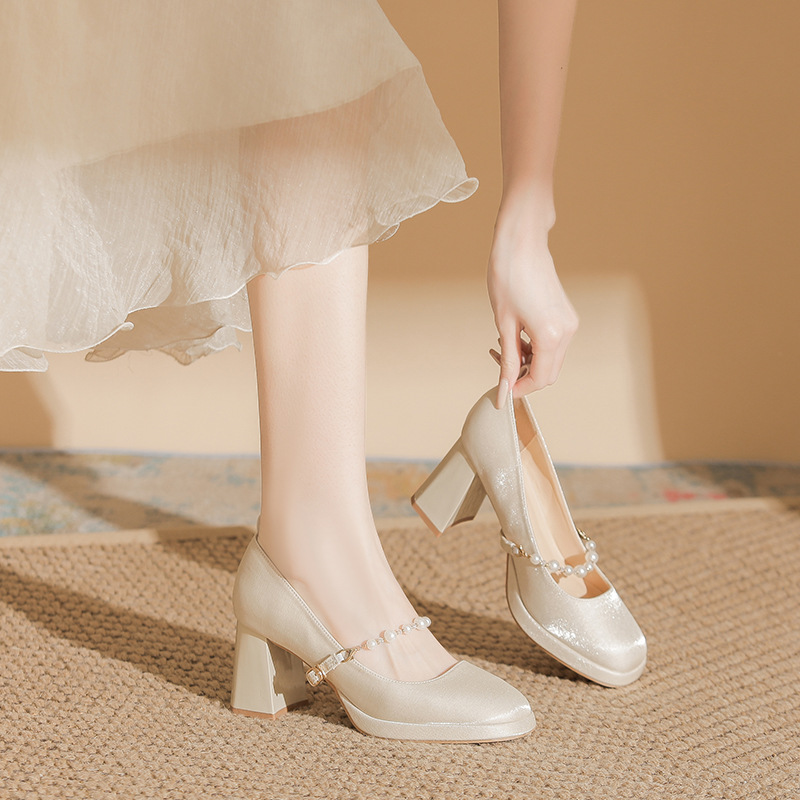 Picture of 2024 Autumn New Apricot White Wedding Dress Mary Jane Women's Shoes Small High Heels Princess Bride Wedding Shoes