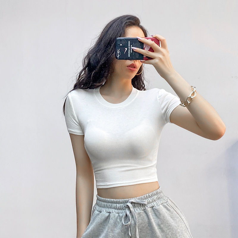 Picture of Hot girl sexy tight chest slimming round neck short sleeve t-shirt women's summer slim fit ins short navel bottoming solid color top fashion
