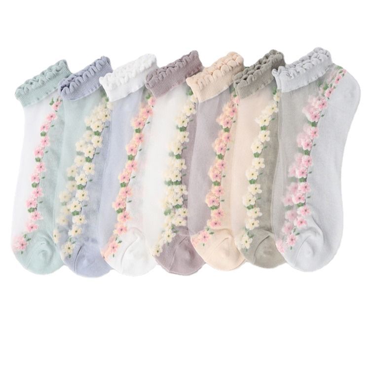 Picture of Floral Glass Silk Women's Summer Short Socks Japanese Style Cute Fresh Style ins Short Socks Cotton Bottom Sweat Absorbing Breathable Socks