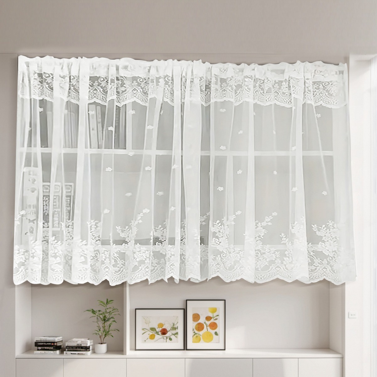 Cross-border double-row lace curtain wearing rod lace short curtain finished curtain bay window kitchen partition curtain window screen TEMU