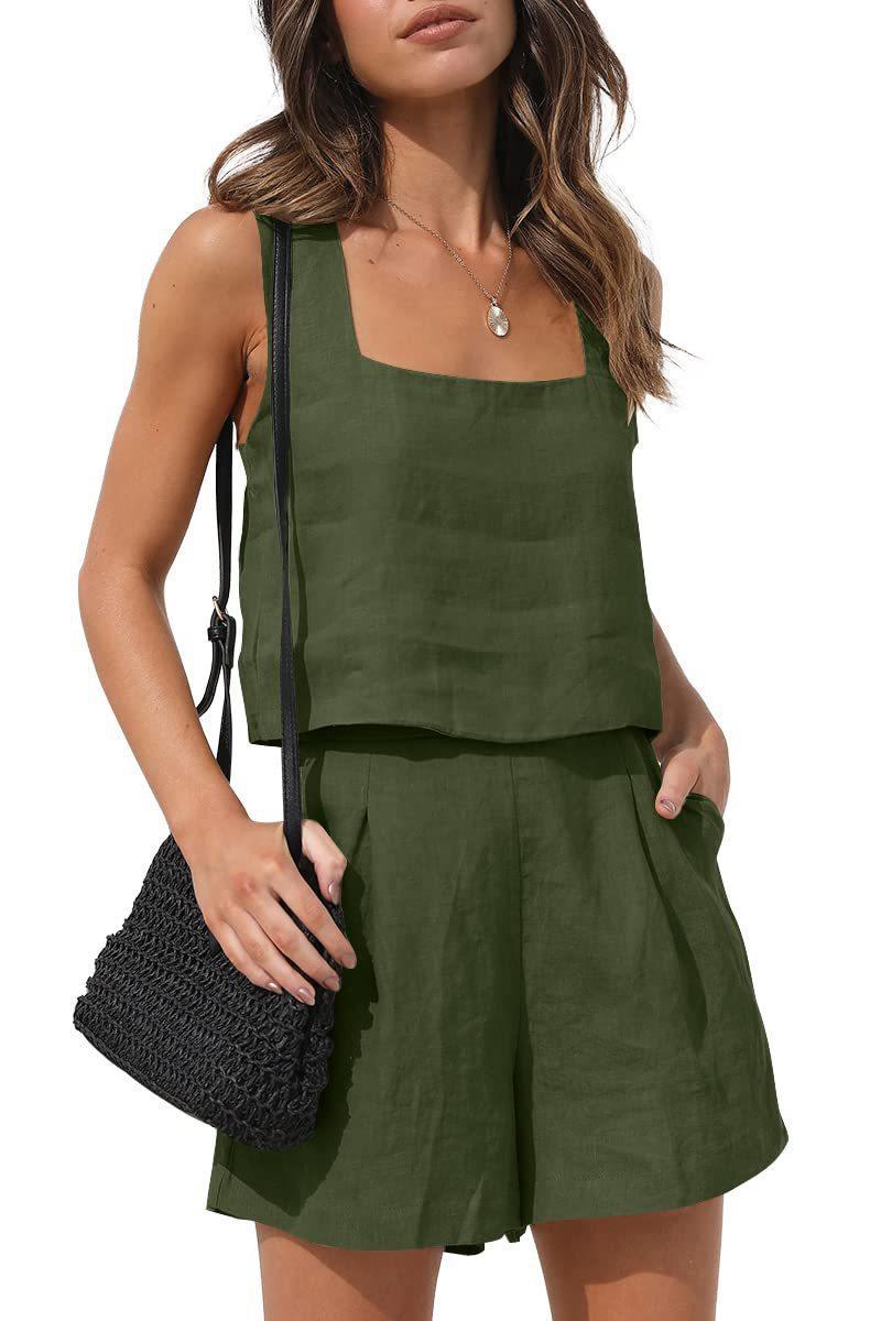 Picture of 2024 Amazon New European and American Style 2-Piece Casual Suit Linen Shorts Sleeveless Top Vest