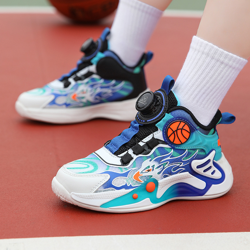 Explosions Children's Shoes 2024 New Boys Basketball Shoes Rotating Button Children's Shoes Mesh Breathable Student Basketball Shoes