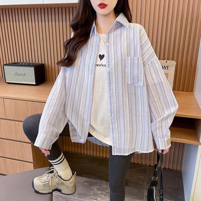 Picture of Summer high-grade Korean style retro fashion vertical striped long-sleeved shirt Women's loose casual niche sun protection top fashion