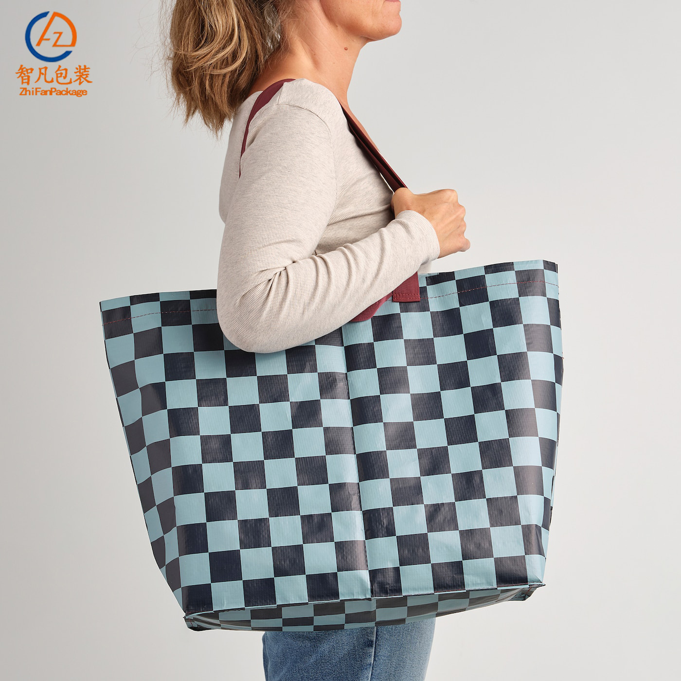Supermarket Shopping Bag Fashion Plaid Tote Bag Pp Woven Waterproof Eco-Friendly Shoulder Ikea Laminated Clothing Gift Bag
