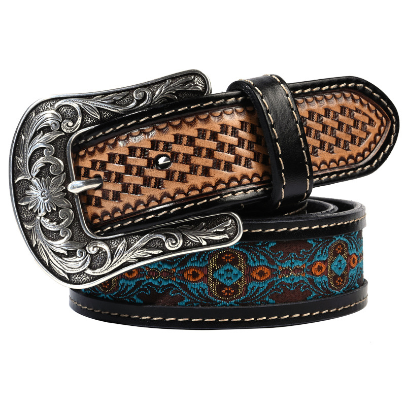 2024 New Ethnic Belt Vintage Carved Denim Women's Belt National Fashion Artistic Cloth Ribbon French Cross-border