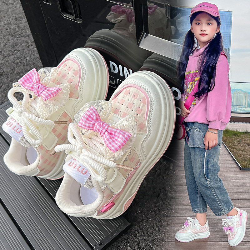 Girls' Bow Sneakers New Style 2025 Kidsren's White Shoes Spring & Fall Sports Shoes Breathable Leather Student Shoes Trendy