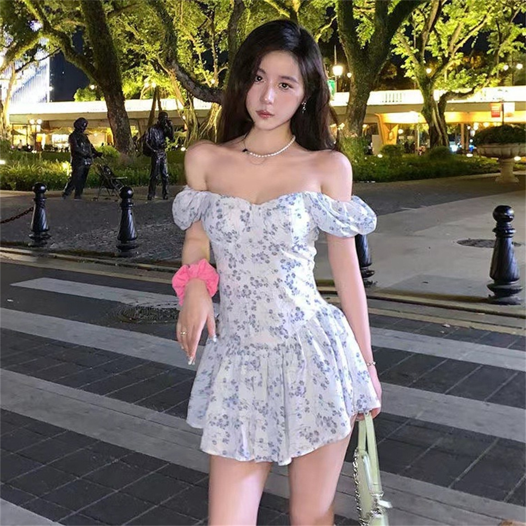 Amazon Cross-Border Summer Temperament Waist Skirt French Pure Lust Style One-Shoulder Puff Sleeve Floral Dress for Women
