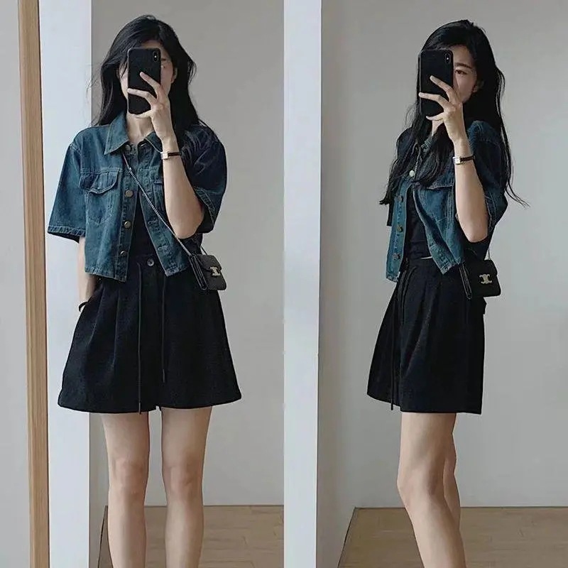 Picture of 2024 Summer New Vintage Short-sleeved Top for Little Denim Shirt Thin Outer Denim Coat for Women