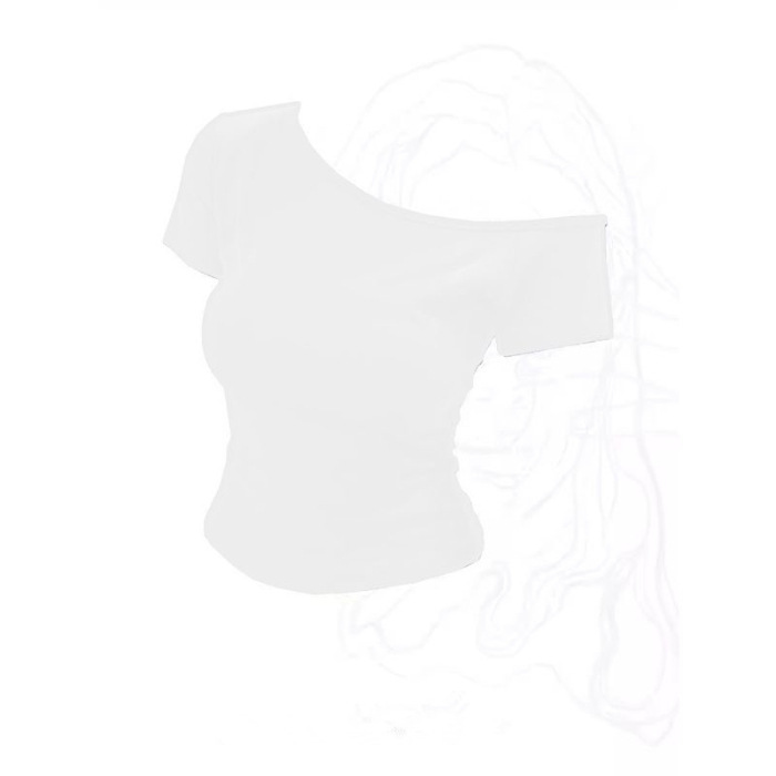Picture of Ribbed American Letter Slant Collar Off-Shoulder Pure Desire Short T-Shirt Summer Sexy Waist Slimming Short-Sleeved Top for Women