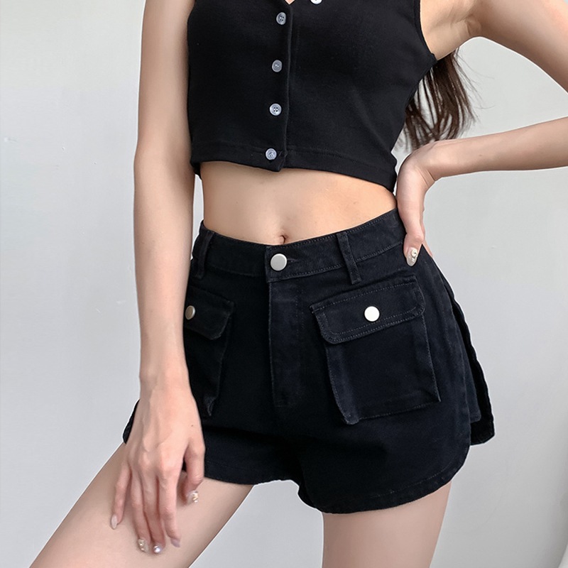 Picture of Ins Spice Girls Internet Celebrity Summer Denim Shorts 2022 New Arrival Loose Slimming Pocket Workwear Wide Leg Hot Pants for Women