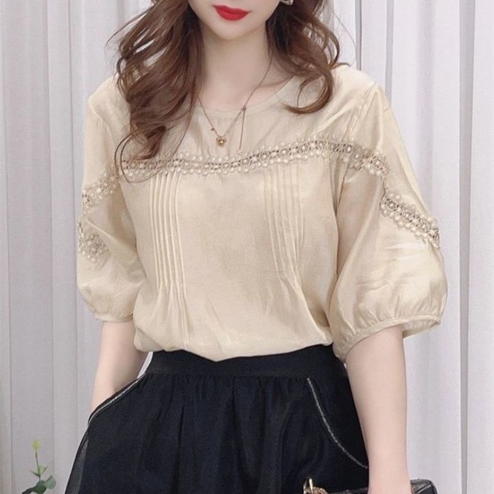 Picture of Hong Kong Style Vintage Lace Stitching Half Sleeve Chiffon Shirt Women's 2024 Summer New French Loose Slim Look Trendy Top