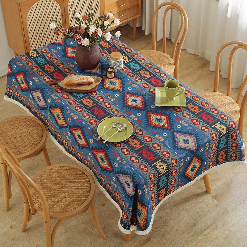 Bohemian Ins Tablecloth Tablecloth Thickened Cotton and Linen Ethnic Style Fabric Tablecloth Rectangular Tassel Cover