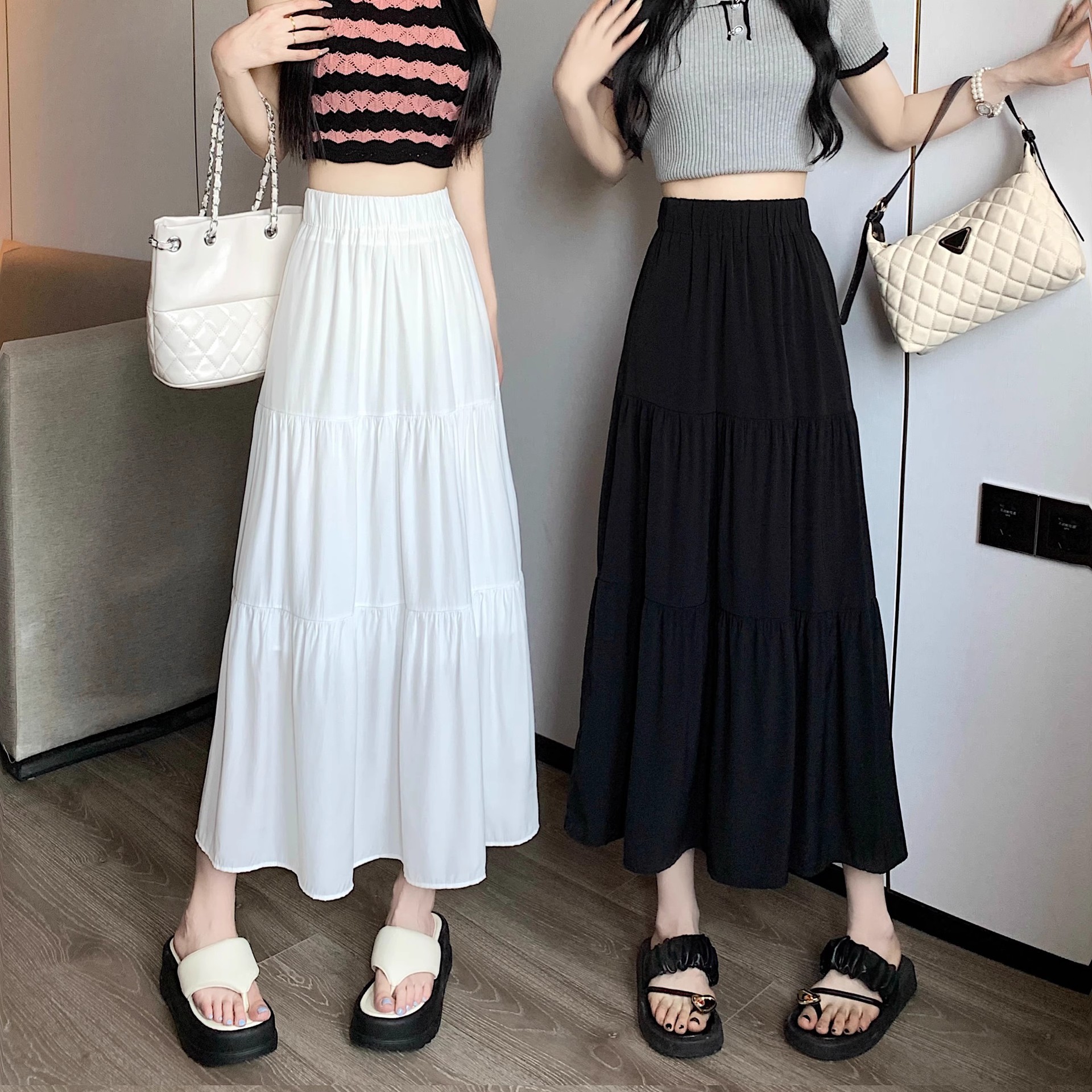 Black Umbrella Skirt Skirt Women's Small Summer 2024 New Draped Midi Skirt High Waist White A- line Skirt