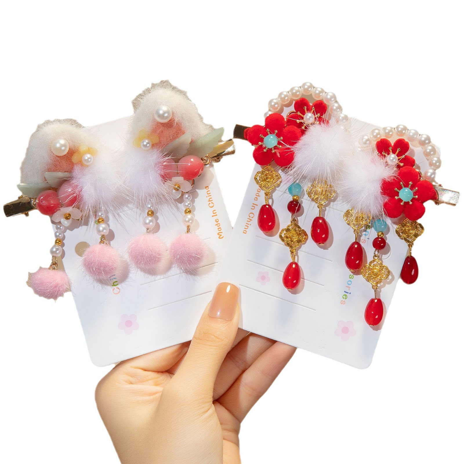 Picture of New Year Red Headwear Children's Antique Fluffy Flower Hair Ball Tassel Hairpin Girls New Year Greeting Hairpin New Year Celebration Hair Accessories