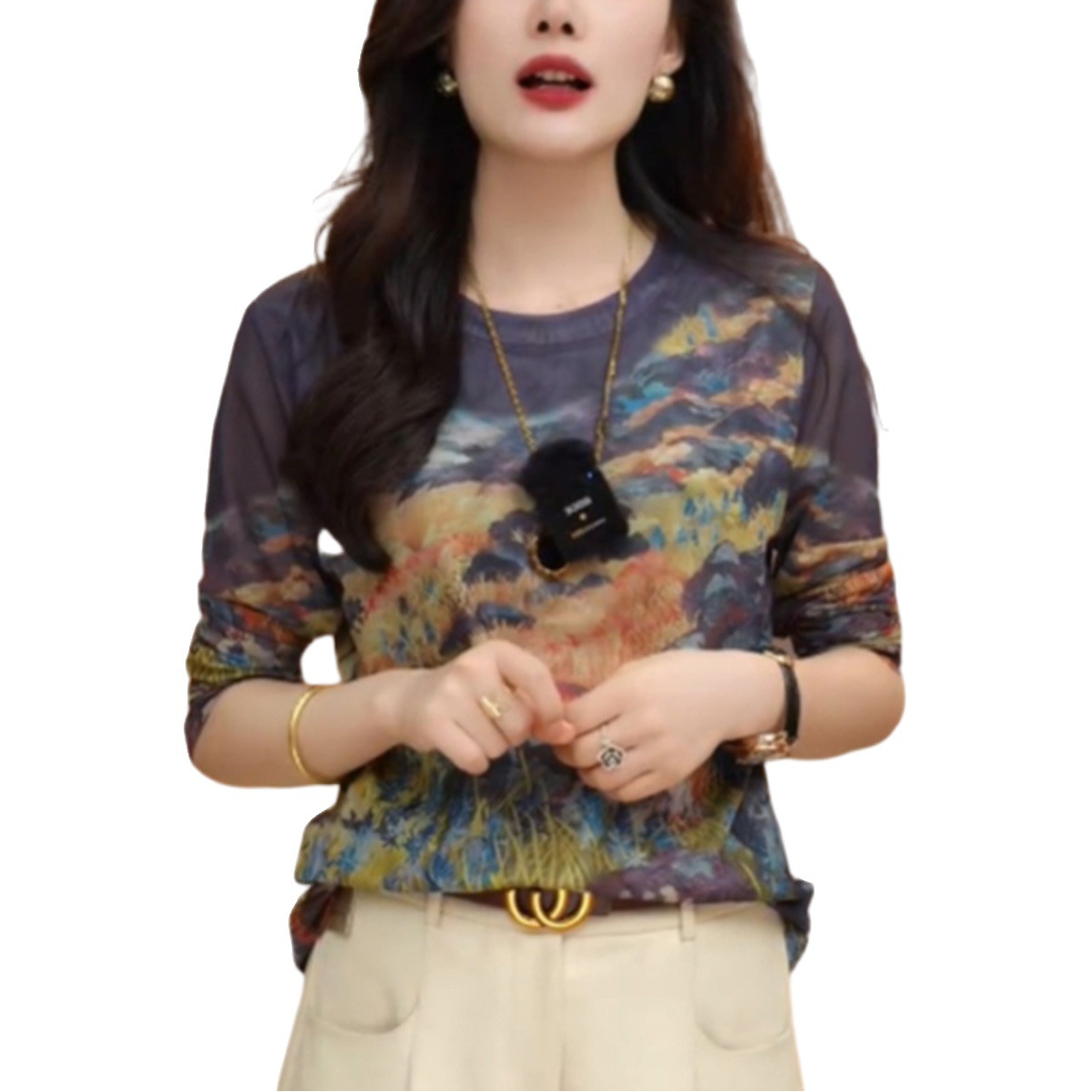 Picture of Skin Mesh Long-Sleeved T-Shirt Women's Autum New European Tie-Dye Bottoming Shirt Slim Inner Top