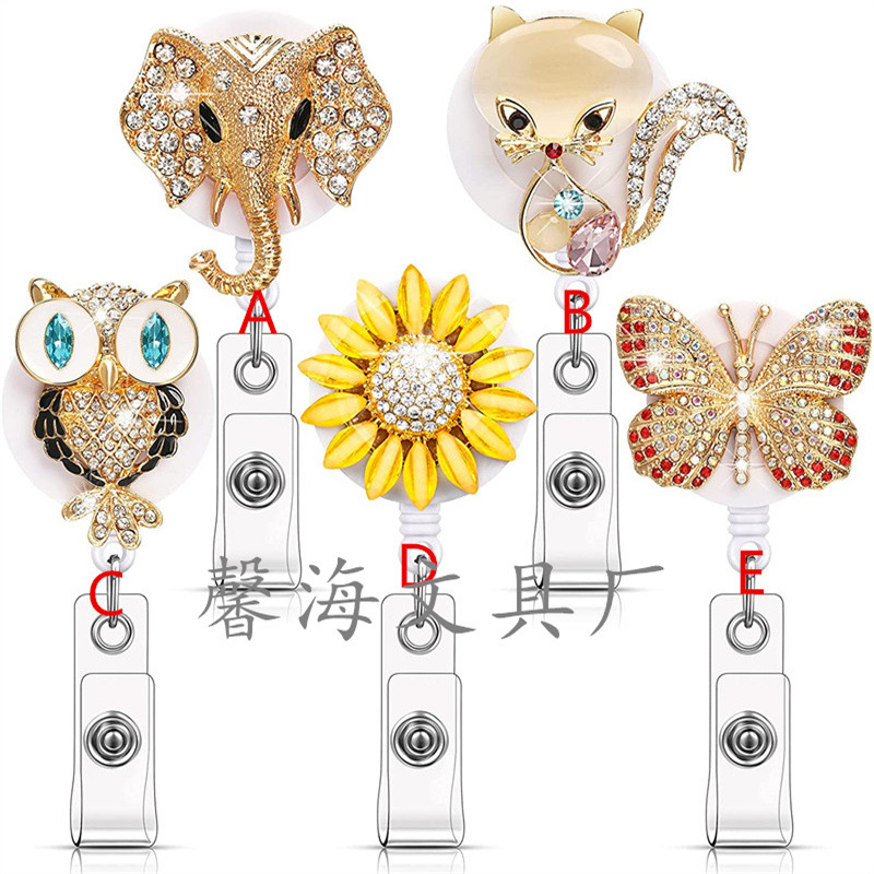 Elephant Fox owl sunflower butterfly crystal with crocodile clip retractable easy pull buckle ID badge