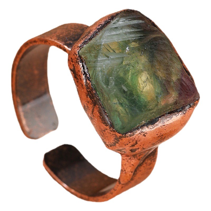 Cross-border retro style natural green fluorite raw stone amorphous open bronze plating adjustable personality European and American ring