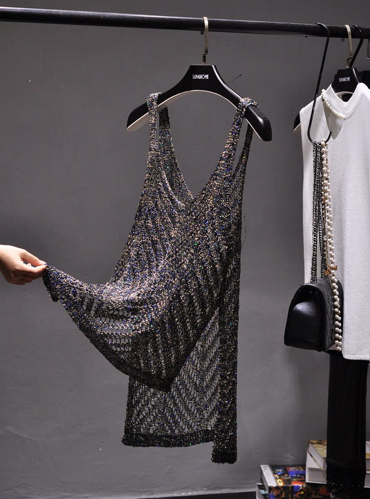 Han Eun's BINGBING Sparkling Low Collar Split Camisole Sexy Hollow-out Perspective All-match Sleeveless Top