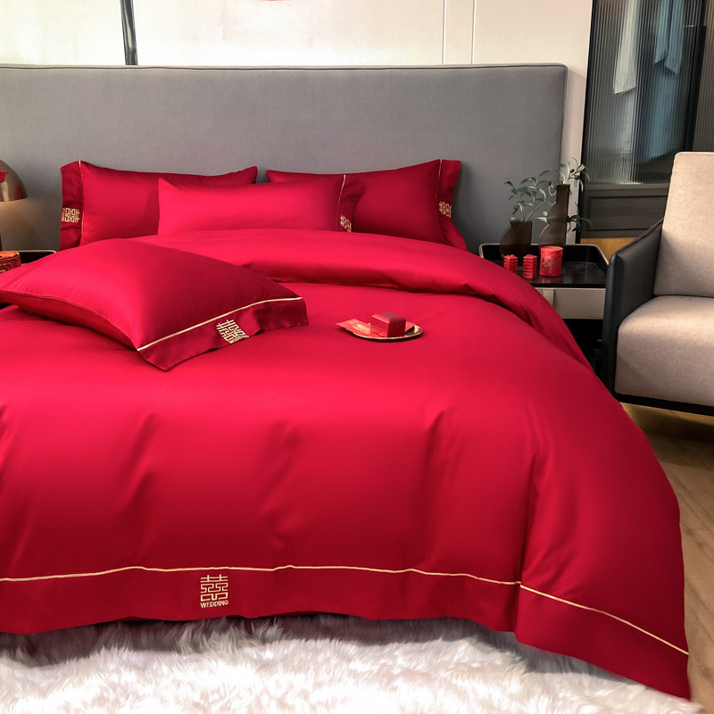 Picture of High-end European-style Wedding Four-piece Cotton Big Red Embroidered Sanding Quilt Cover Wedding Bedding Accompanying Wedding Room