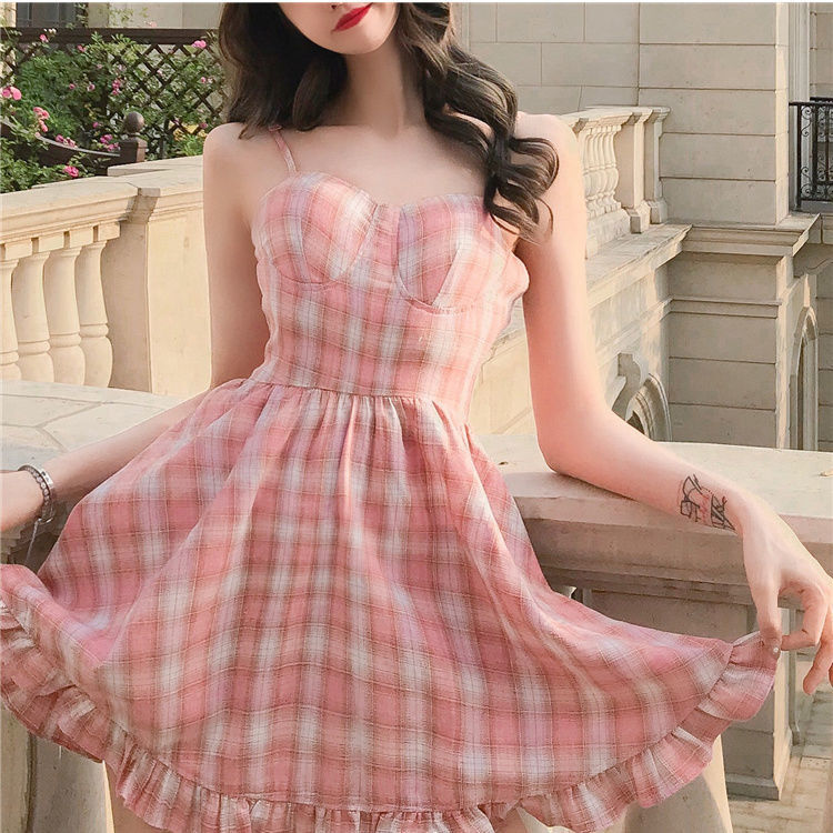 New Summer Sweet Pink Plaid Sling Dress Women's Summer Small Fresh Student Dress Korean Style Girl
