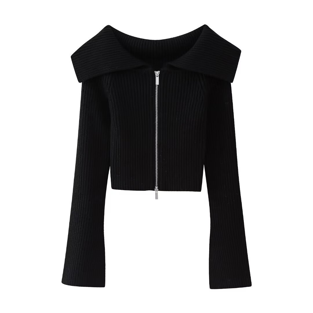2024 Spring New European and American Cross-border Women's Street Fashion Lapel Zipper Rib Knitted Jacket 4618