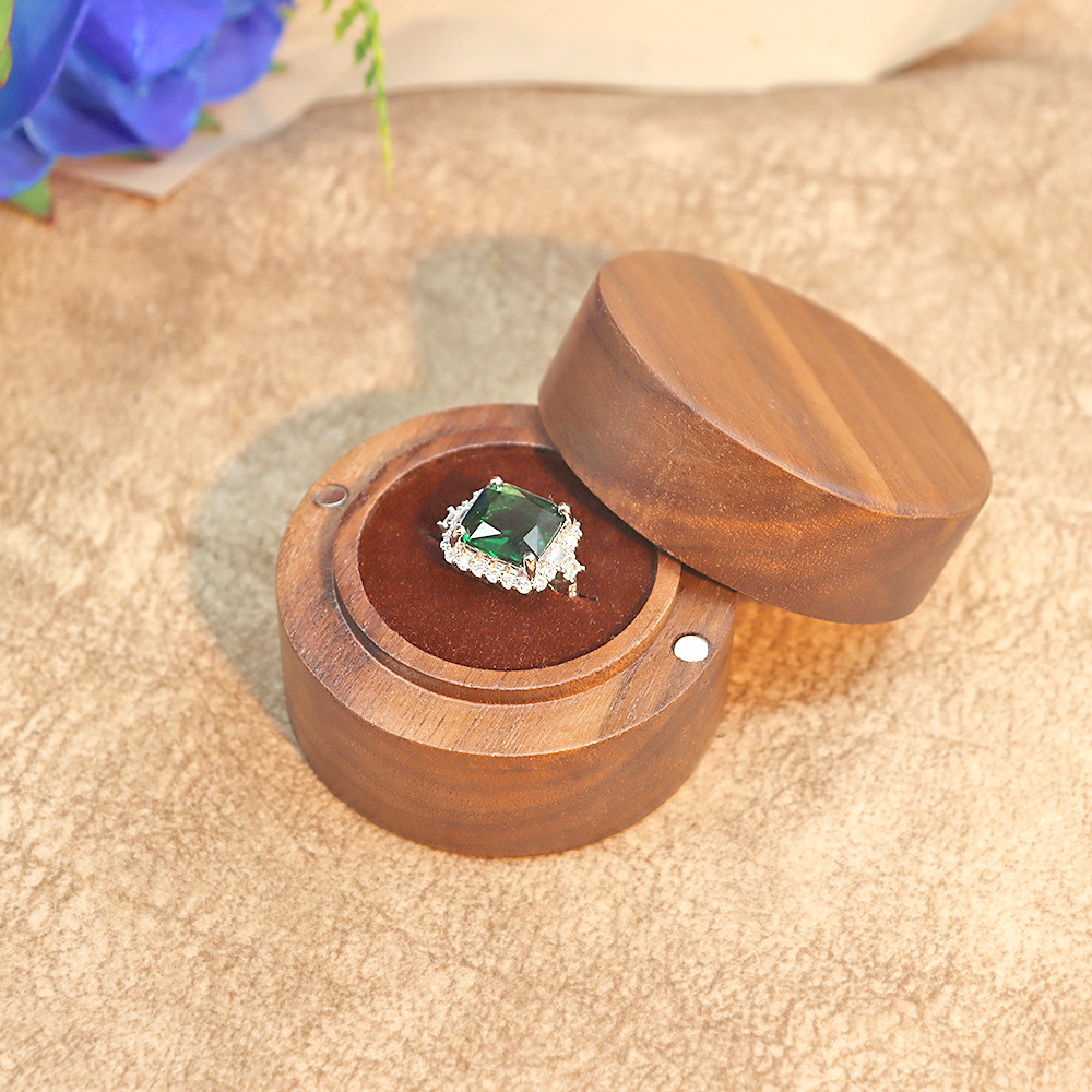 Picture of Jewelry Box Creative Solid Wooden Ring Box Jewelry Storage Box Round Fashion Wooden Black Walnut Gift Box