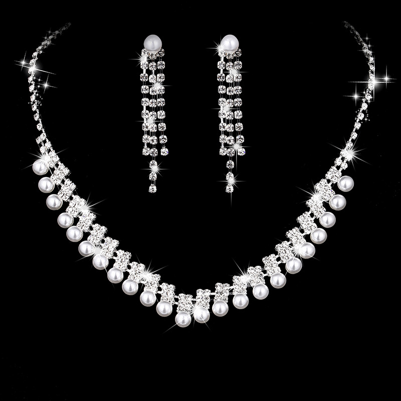 Wedding Shooting Decorative Claw Chain Rhinestone Pearl Necklace Earrings Jewelry suit 500