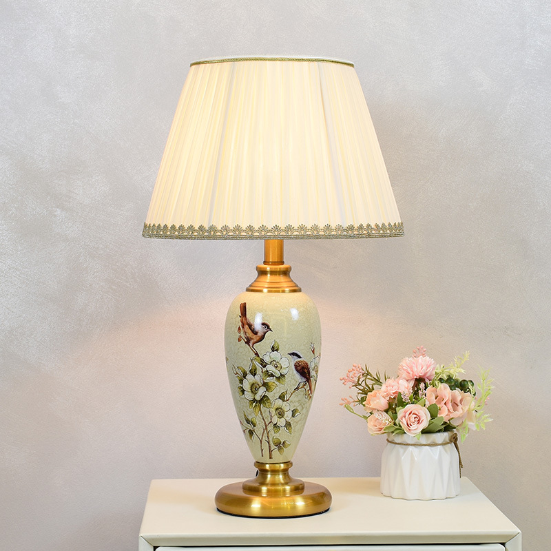 American flower and bird ceramic simple modern bedside table lamp bedroom study creative fabric decorative table lamp light luxury