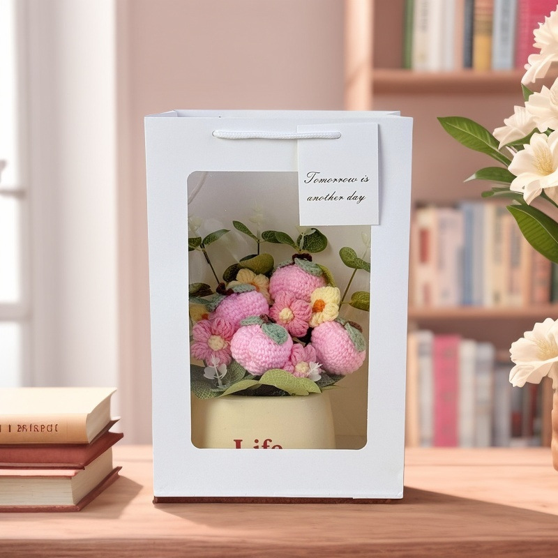 Picture of Creative bouquet knitted flowers diy material hand-woven potted finished desktop ornaments send goddess send mother
