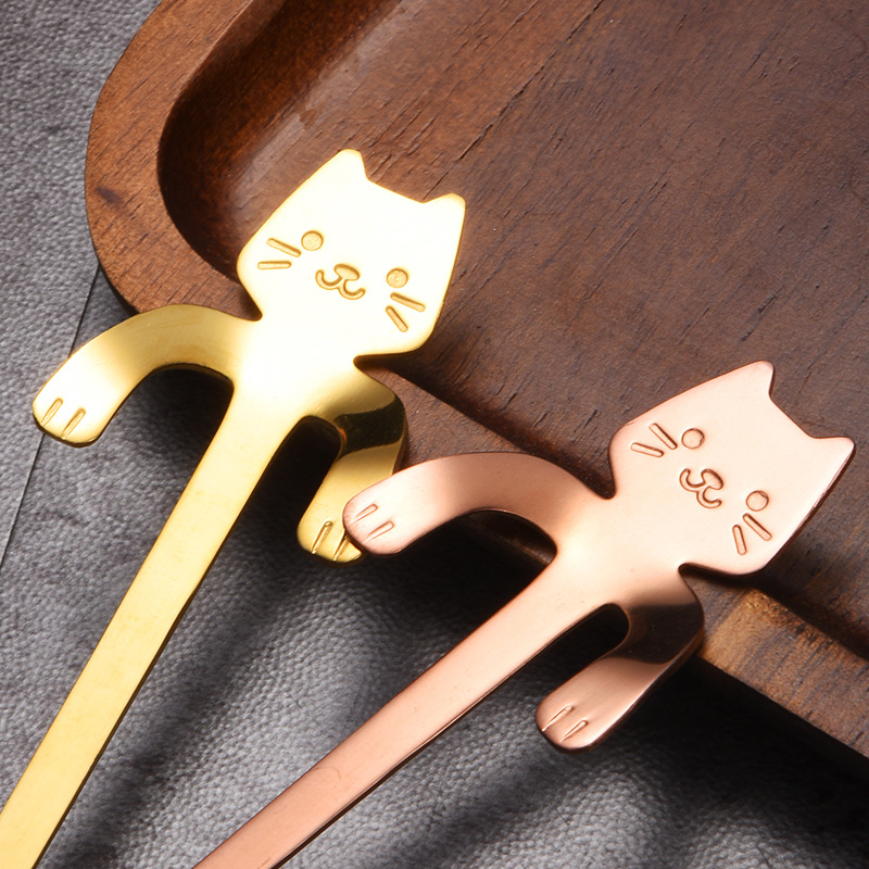 Picture of 304 stainless steel cat spoon creative cartoon hanging side spoon cute coffee spoon gold plated mixing spoon plus logo