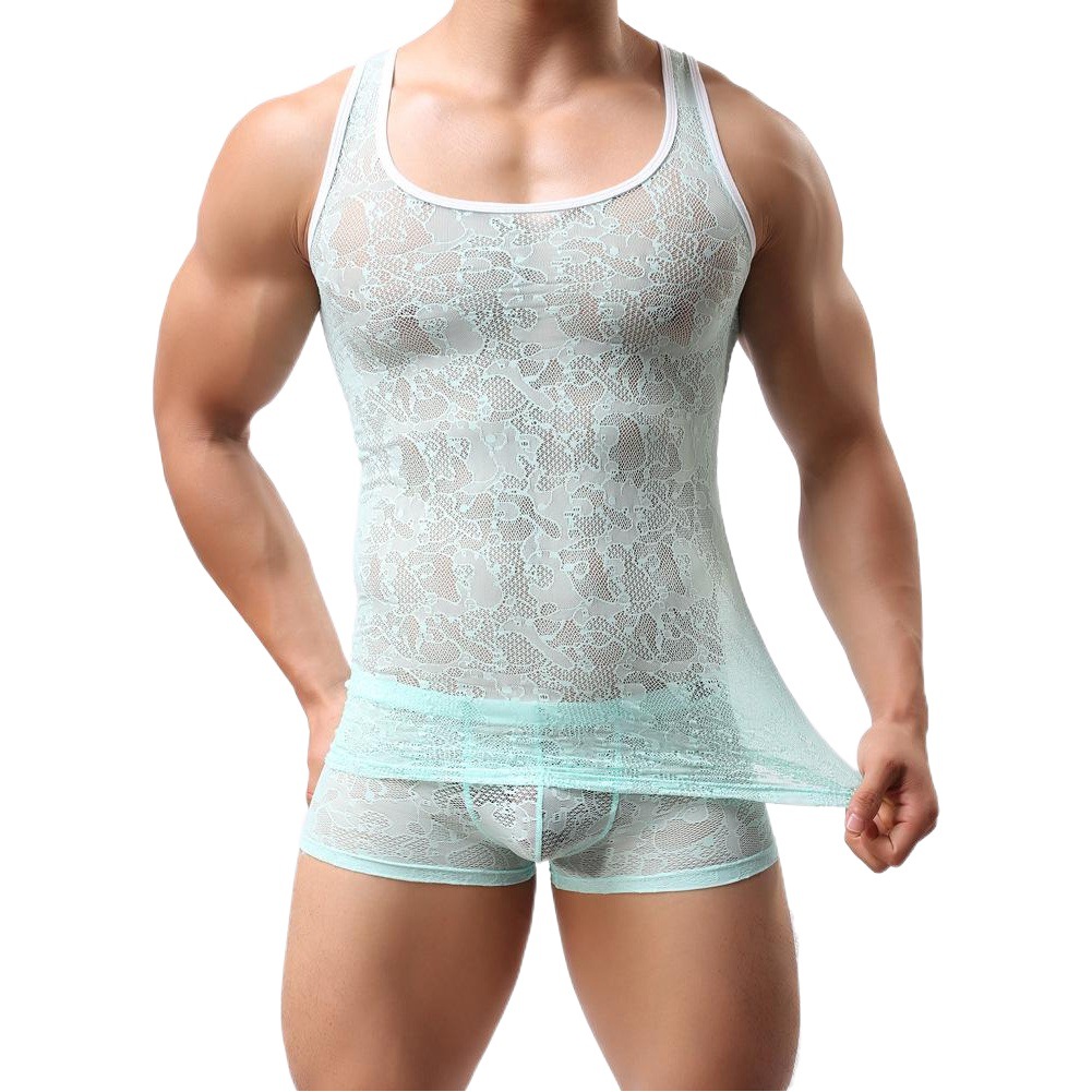 howe ray Men's vest breathable lace men's transparent sexy lingerie I-shaped vest E675