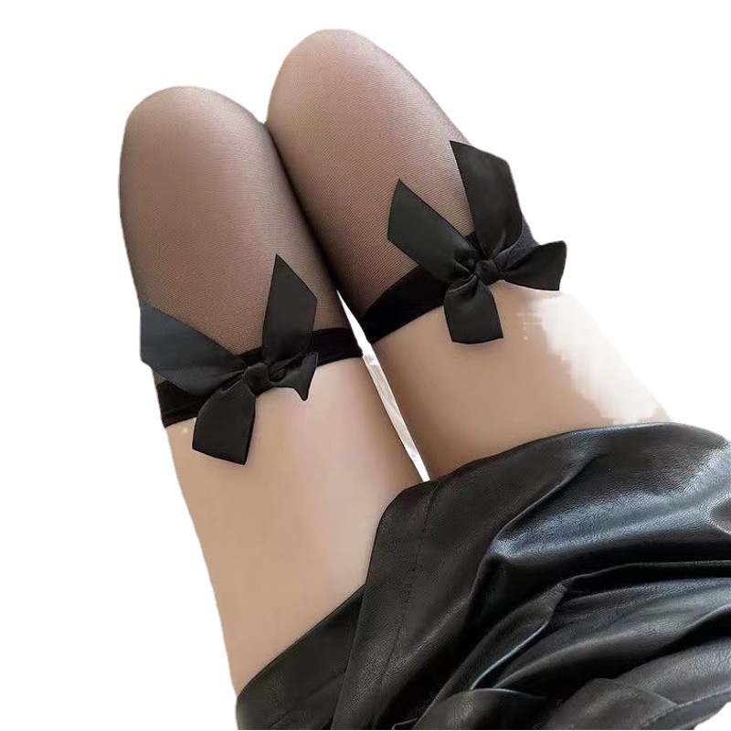 Black Silk Stockings Women JK Fishnet Stockings Bow Lace Stockings Ultra-thin Sexy Pure Non-slip Outer Wear Stockings