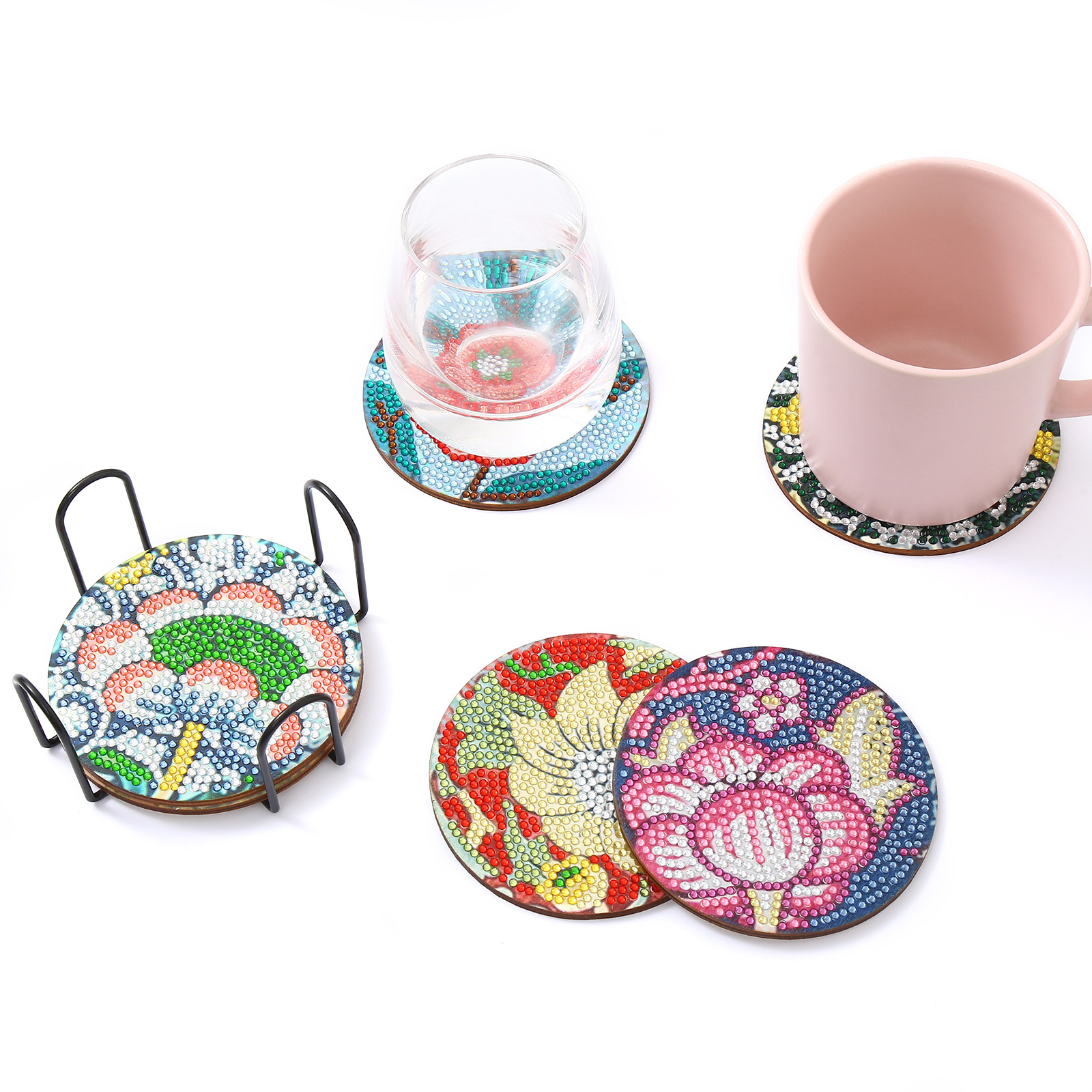Picture of Hot Selling on Independent Station 5D Handmade DIY Wooden Dot Drill Heat-Insulating Anti-Slip Diamond Painting Variety Lotus Coaster with Stand