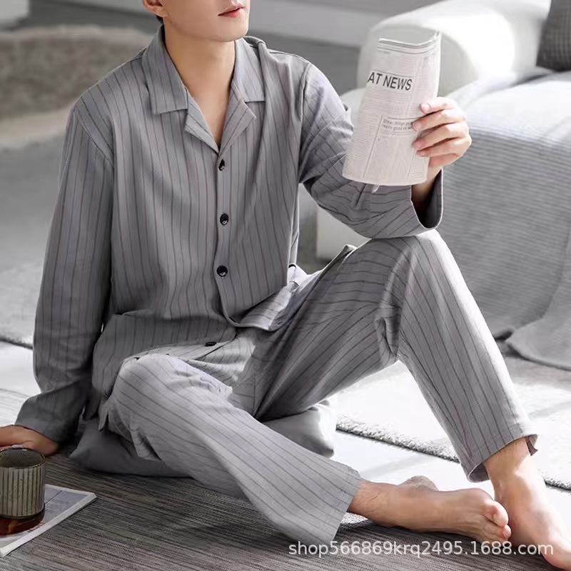 Picture of [Cloud Sense Sleeping] Spring and Summer Thin Men's Pajamas Men's Lapel Long Sleeve Casual Outer Wearing Home Clothes One suit