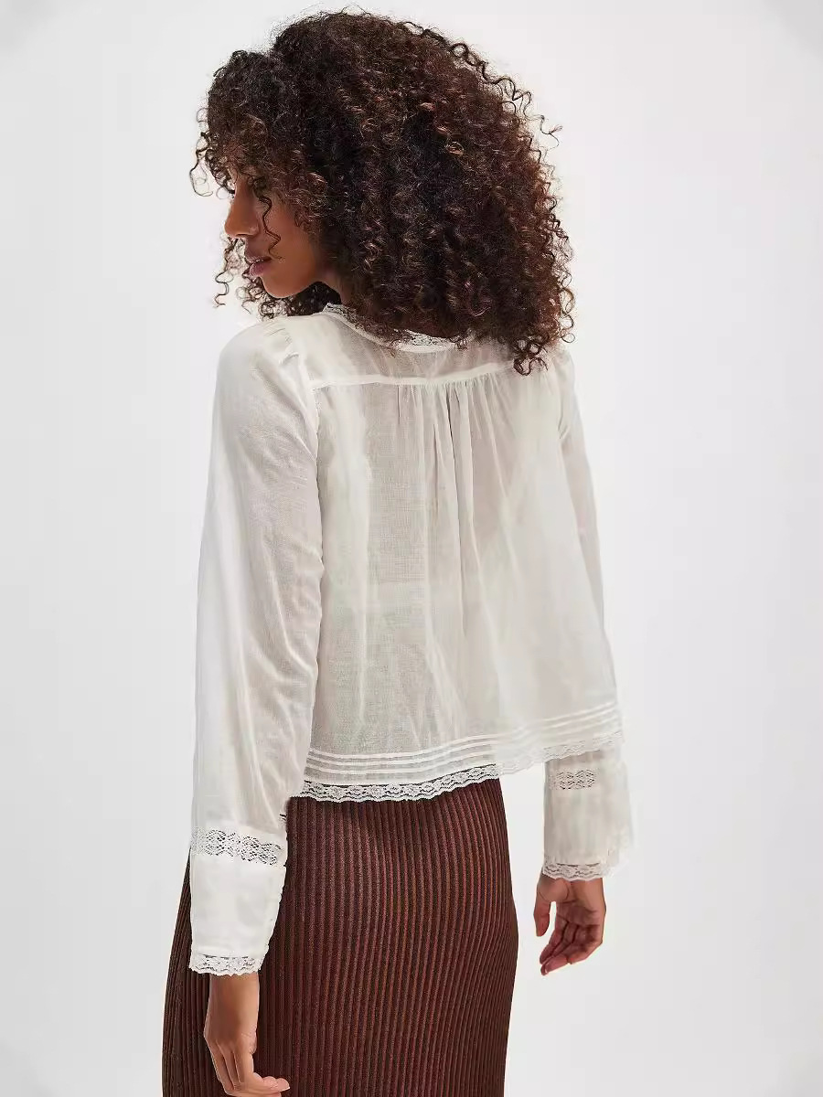 Picture of New French Niche Top Autumn Lace Shirt U-shaped Lace Collar Shirt Long-sleeved Lightweight Unique Beautiful Small Shirt