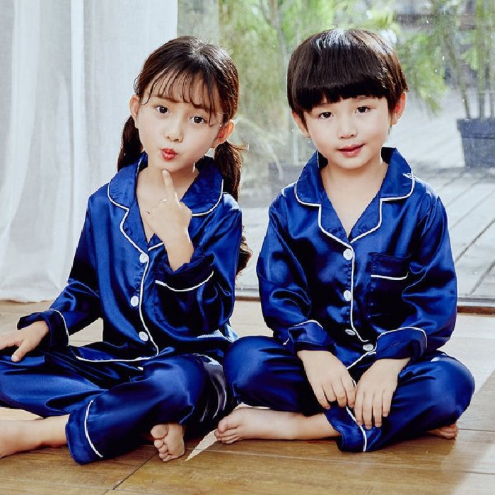 Picture of Spring and Summer Children's Pajamas for Boys and Girls Solid Color Silk Cardigan Long Sleeve Trousers Children's Home Clothes suit