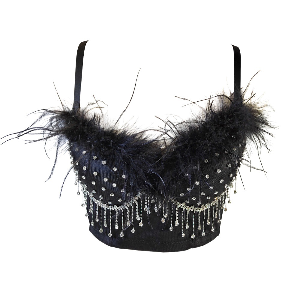 French style super fairy feather sling Women's Western style design sense niche sexy underwear off-the-shoulder ball party tassel wrapped chest