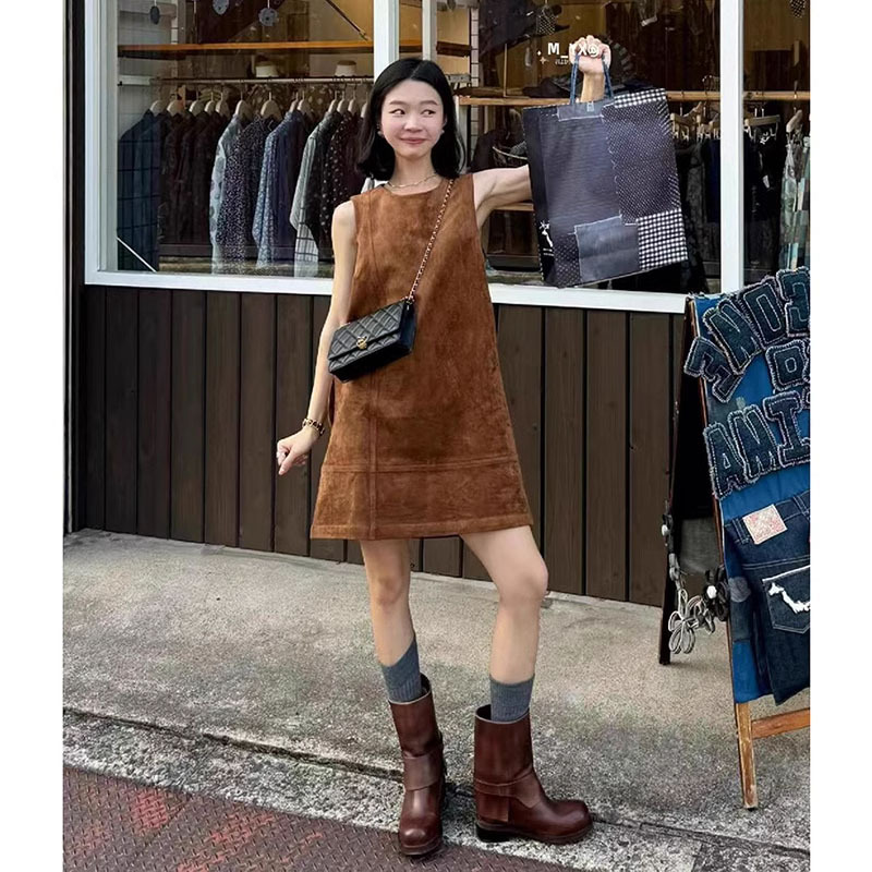 French Commuter Style Brown Straight Sleeveless Vest dress Autumn High-end Loose Slimming A- line Midi Dress