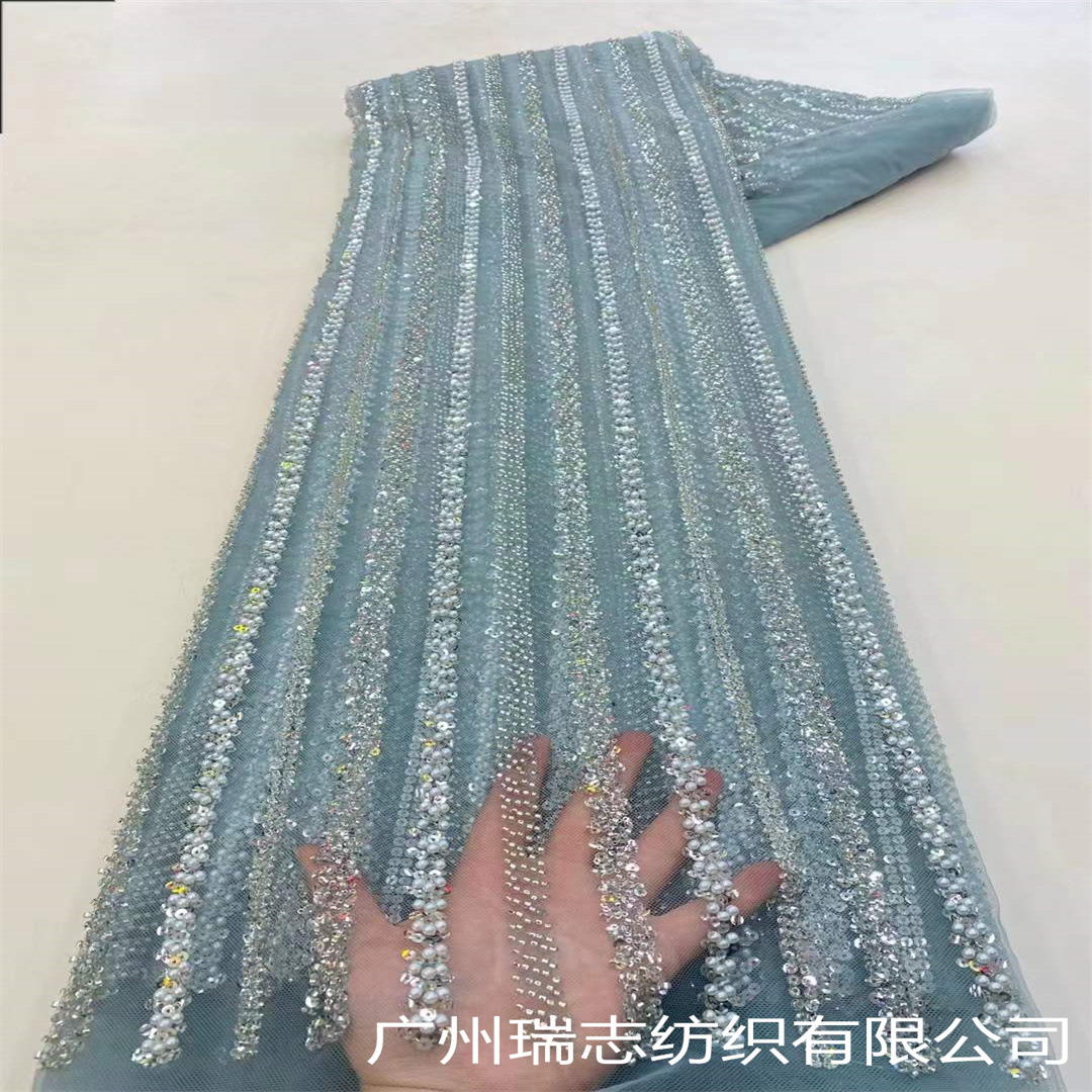 Picture of Bubble Stripe Crystal Sequins Beaded Tube Embroidered Mesh Fabric French Wedding Dress Xinjiang Hair Hat Dress Embroidered Cloth