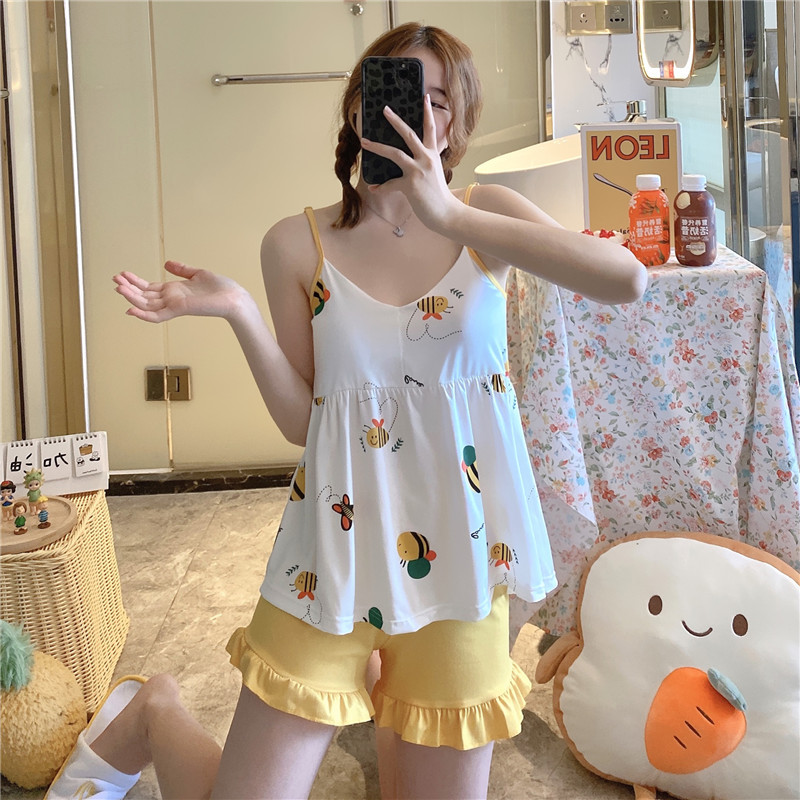 Summer Sling Shorts Pajamas Women's Peach with Chest Pad Girl's Loose Home Clothes Set
